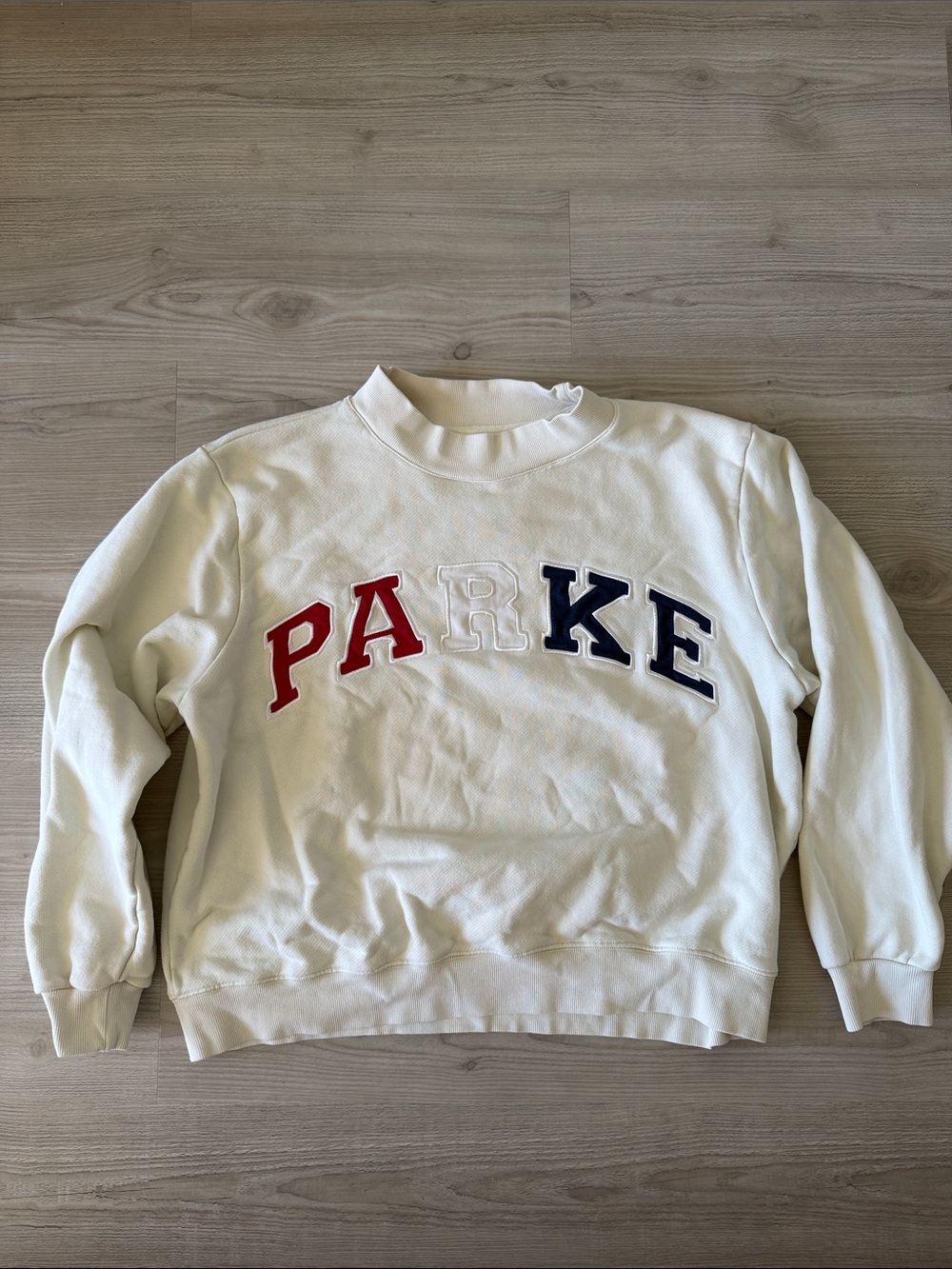Parke Fourth Of July Drop Mockneck Sweater with Red, White & Blue Lettering